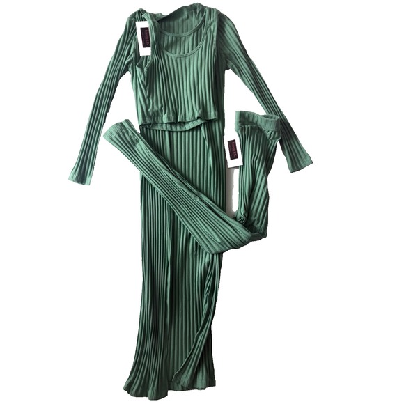 Sorelle Uk Other - Sorelle UK 3 Piece Ribbed Set Green Crop Top Cardigan Pants Set S NWT